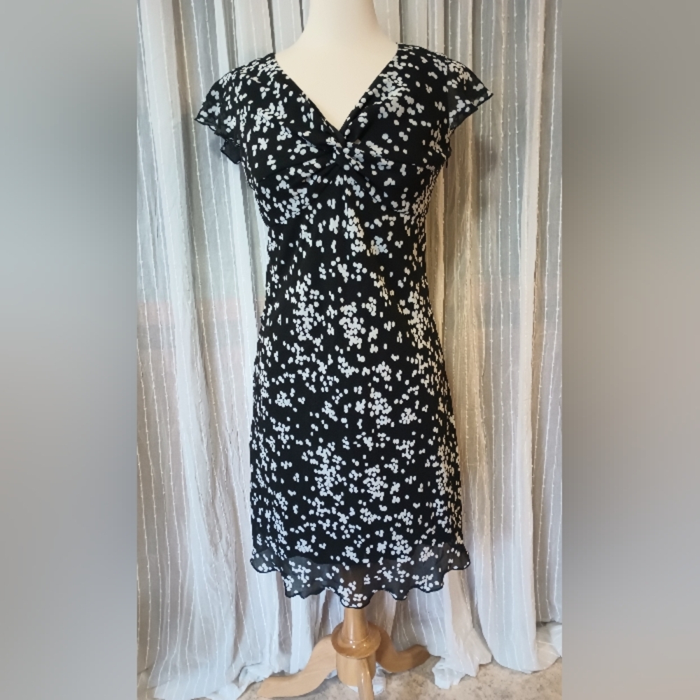R&K Originals Petite Black White Polkadot Knot Twist Neckline Feminine Dress 8P